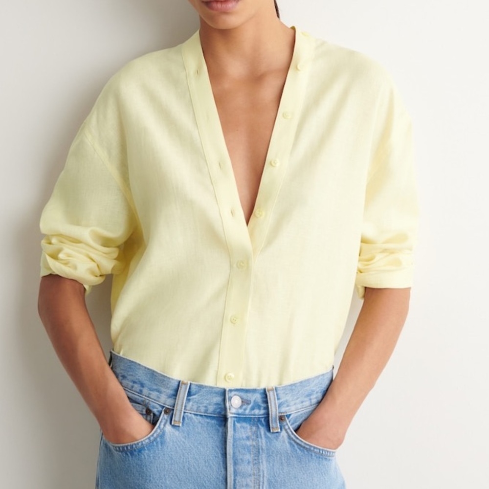 COS BUTTON-DETAIL LINEN V-NECK SHIRT Size 12